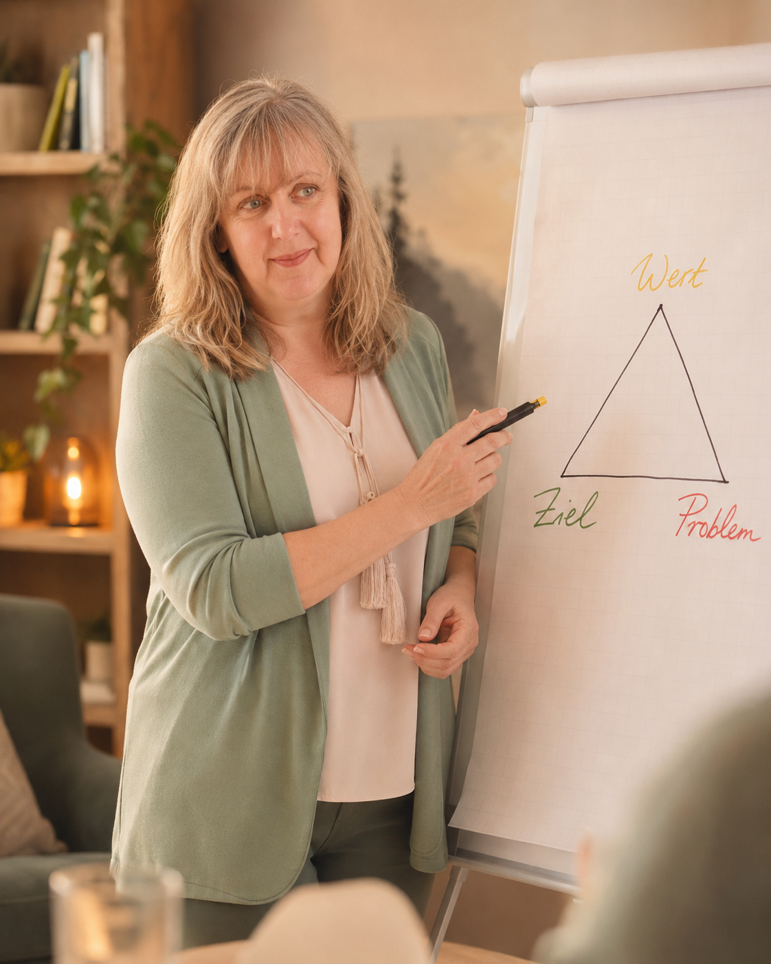 Corinna Hübner am Flipchart mit den Dreiecken Wert, Ziel und Problem